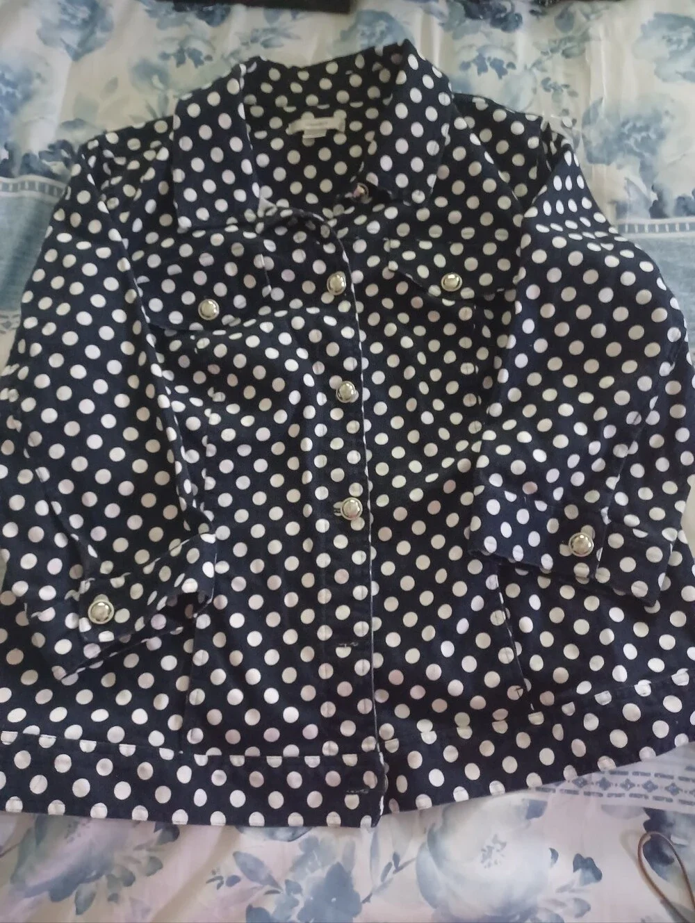 CJ Banks Navy and White Polka Dot Button-Front Jean Jacket